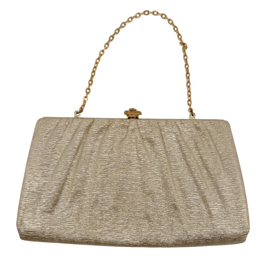 Vintage Gold Metallic Pleated Evening Clutch Bag Rhinestone Clasp‎ Chain Strap